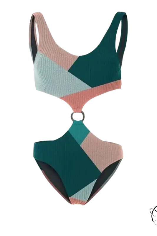 Multicolor one-piece bikini in teal, blush pink, light blue with ring detail