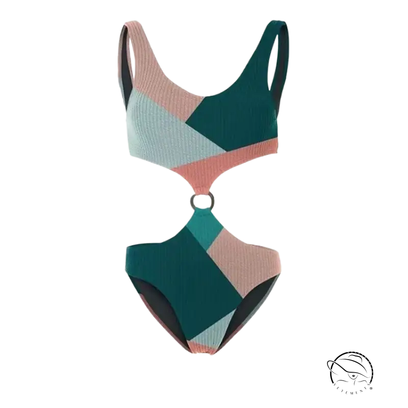 Multicolor one-piece bikini in teal, blush pink, light blue with ring detail