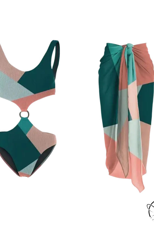 Multicolor one-piece bikini in teal, blush pink, light blue with waist cutout