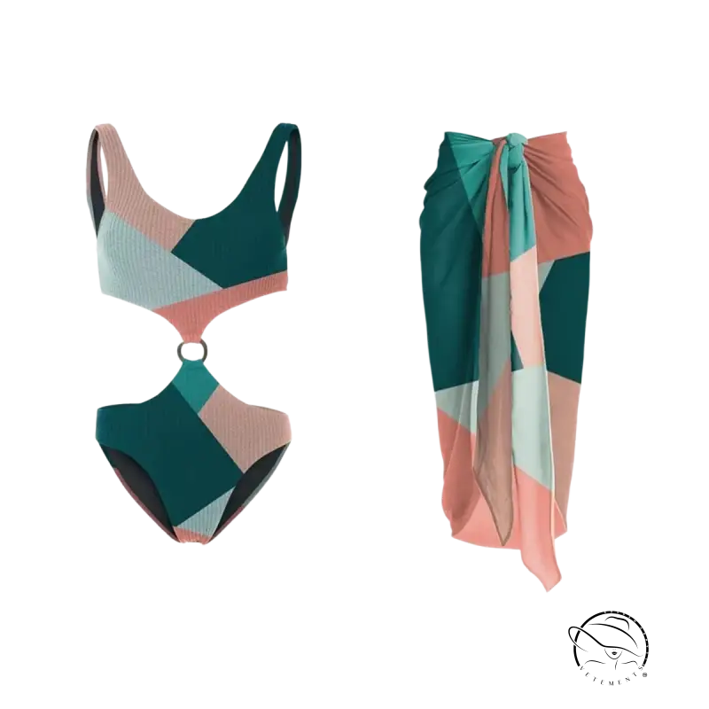 Multicolor one-piece bikini in teal, blush pink, light blue with waist cutout