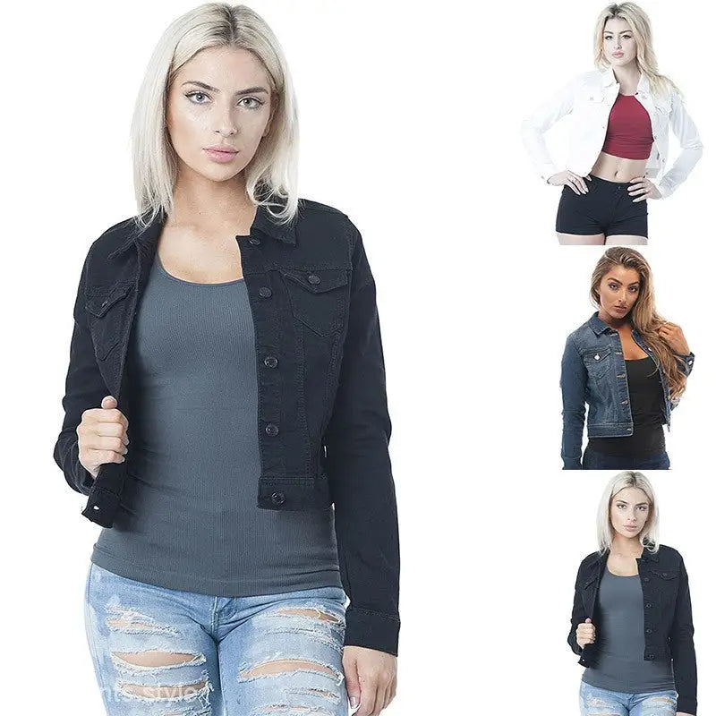 Navy blue winter denim jacket over gray top with distressed blue jeans for autumn winter wear