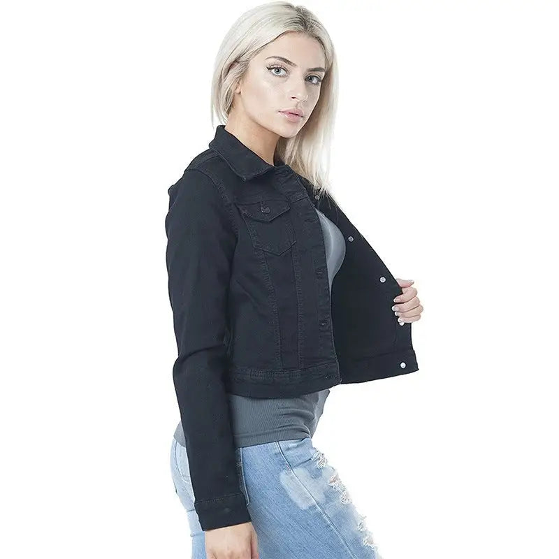 Young woman wearing navy blue winter denim jacket, perfect for autumn winter wear