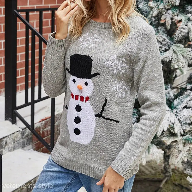 Gray snowman sweater featuring a Christmas snowflake design in navy blue for festive casual wear