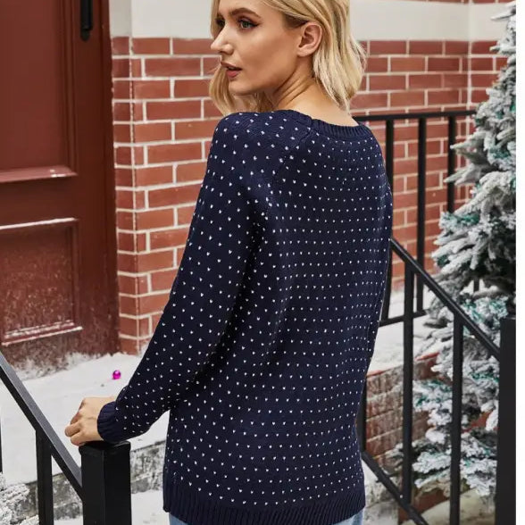 Navy Blue Christmas Snowflake Sweater with White Polka Dots for Casual Fall/Winter Wear