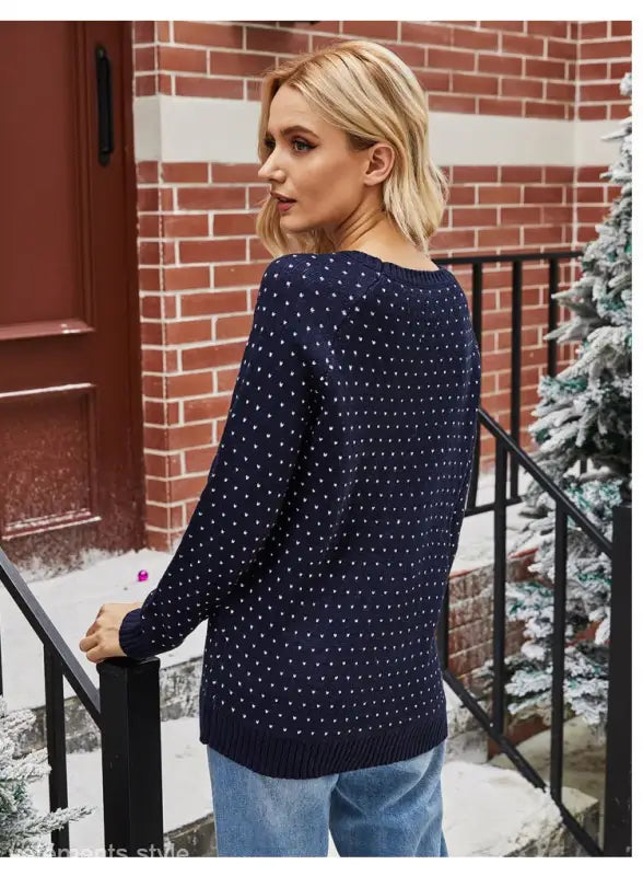 Navy Blue Christmas Snowflake Sweater with White Polka Dots for Casual Fall/Winter Wear