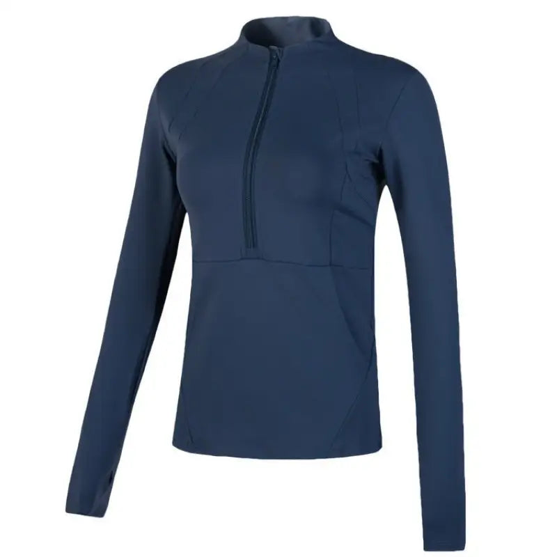 Navy blue slim-fit yoga jacket with lace and tulle sleeves for active wear