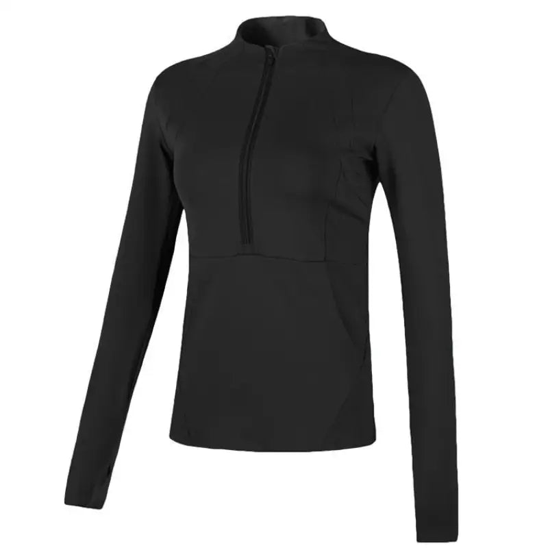 Navy blue slim-fit yoga jacket with lace and tulle sleeves and black long-sleeved zip-up shirt