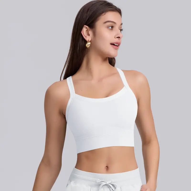 White athletic crop top, part of Navy Blue Sporty Slim Nylon Strength Yoga Bra collection