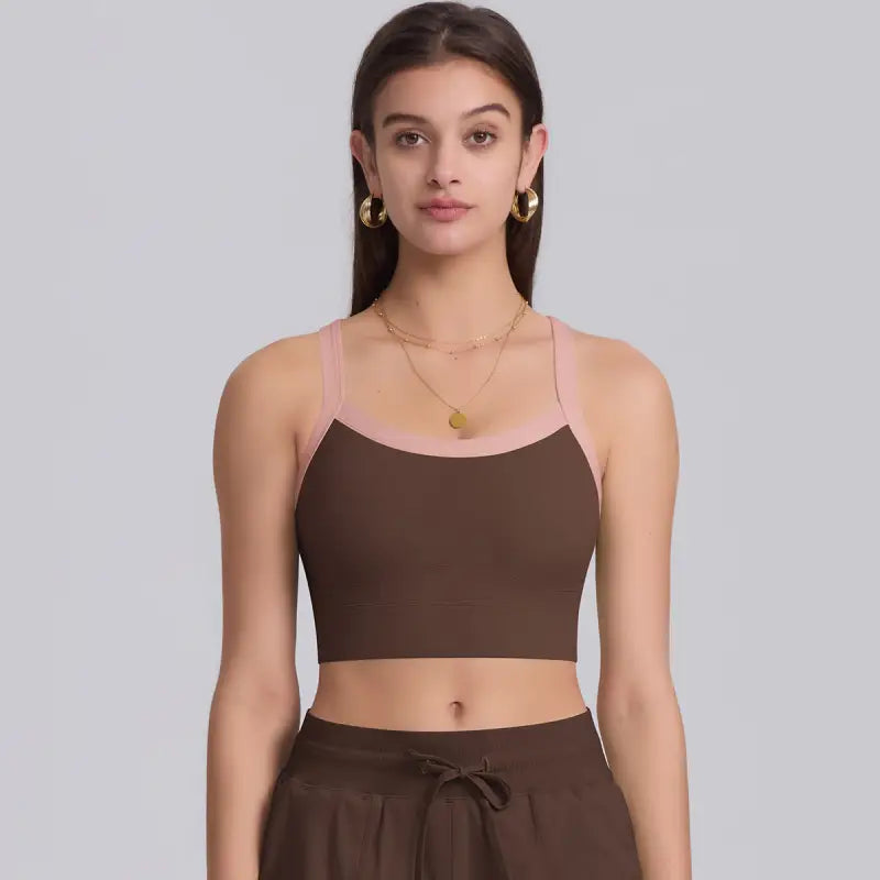 Brown crop top with pink straps on Navy Blue Sporty Slim Nylon Strength Yoga Bra