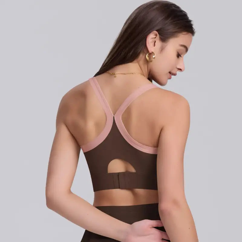 Brown and pink strength yoga bra from Navy Blue Sporty Slim Nylon Strength Yoga Bra for all seasons