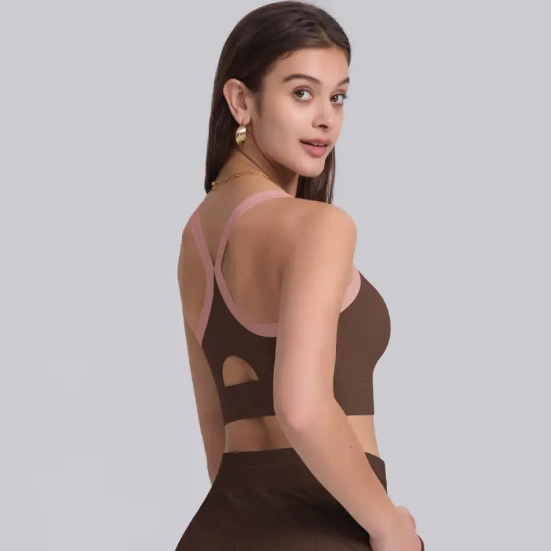 Brown and pink strength yoga bra from Navy Blue Sporty Slim Nylon Strength Yoga collection