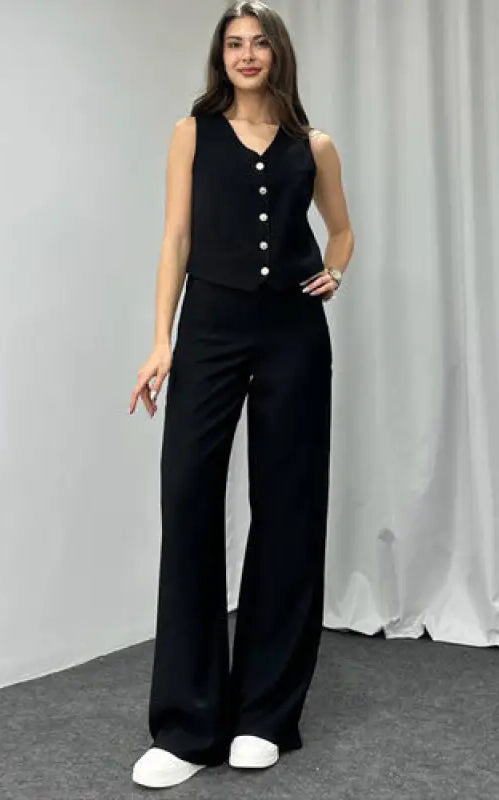Women’s navy blue summer high grade casual suit with sleeveless vest and wide-leg trousers
