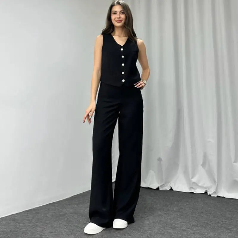 Women’s navy blue summer high grade casual suit with sleeveless vest and wide-leg trousers