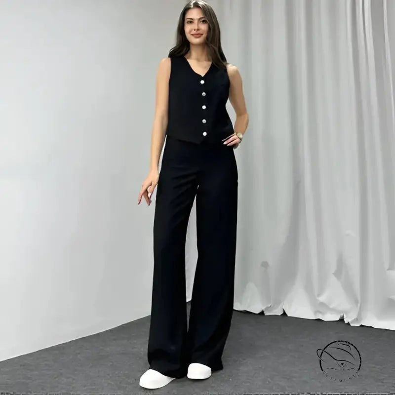 Navy blue summer high grade casual suit with sleeveless V-neck vest and wide-leg trousers