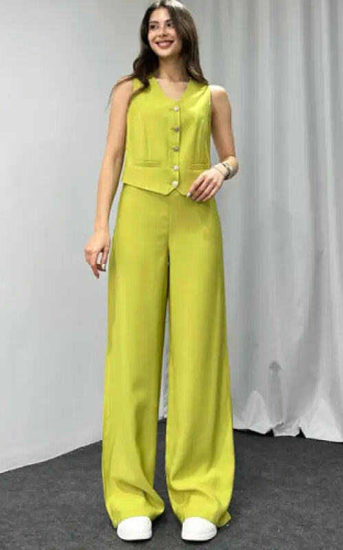 Woman in lime green sleeveless vest and wide-leg trousers from Navy Blue Summer High Grade Casual Suit
