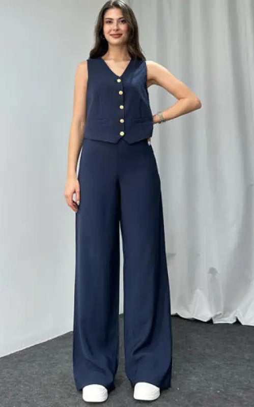Navy blue summer high grade casual suit with sleeveless vest and wide-leg pants featuring gold buttons