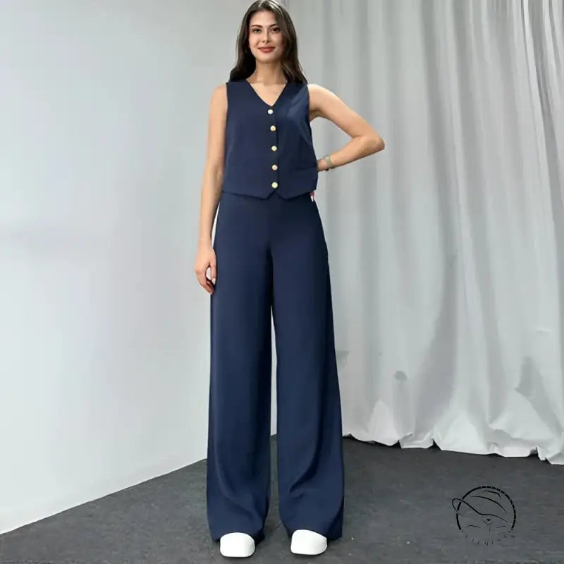 Navy blue summer high grade casual suit with sleeveless vest and wide-leg pants