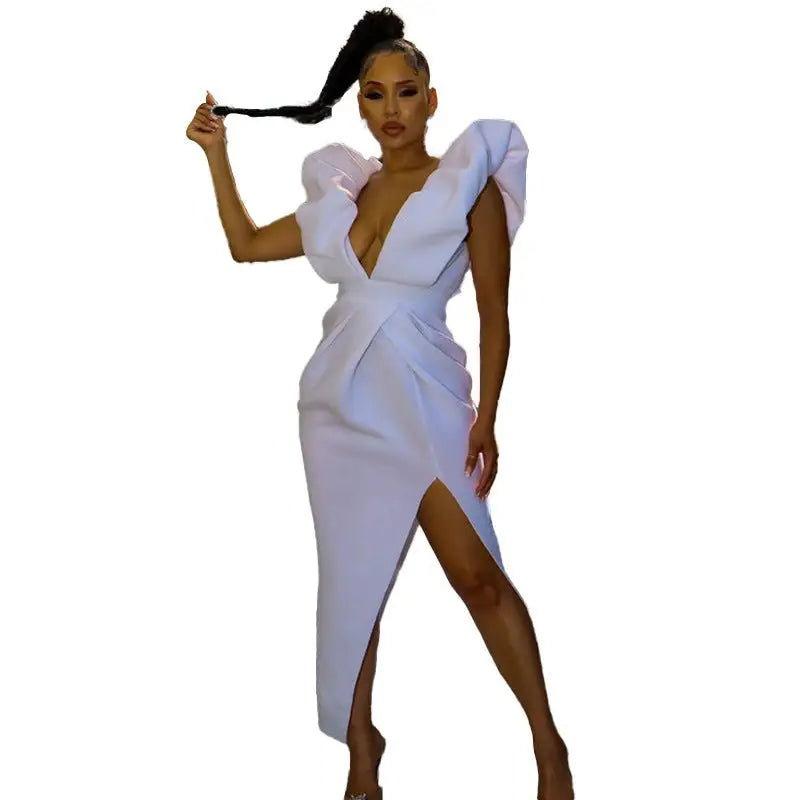 White Nikki Evening Dress with backless high waist and waist split evening design