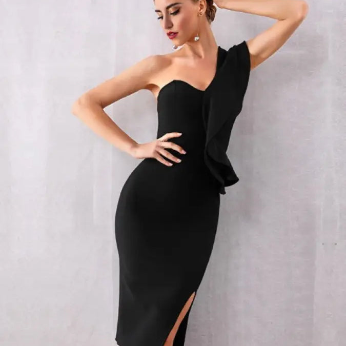Elegant black oblique shoulder bandage dress displayed in a stylish asymmetrical bodycon style
