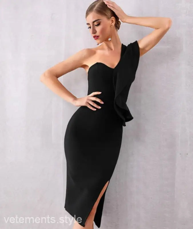 Elegant black oblique shoulder bandage dress displayed in a stylish asymmetrical bodycon style