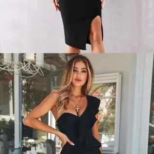 Oblique shoulder bandage dress with ruffle detail and thigh slit for elegant style