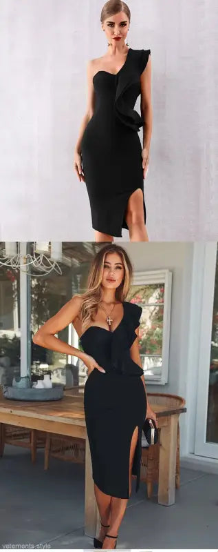 Oblique shoulder bandage dress with ruffle detail and thigh slit for elegant style