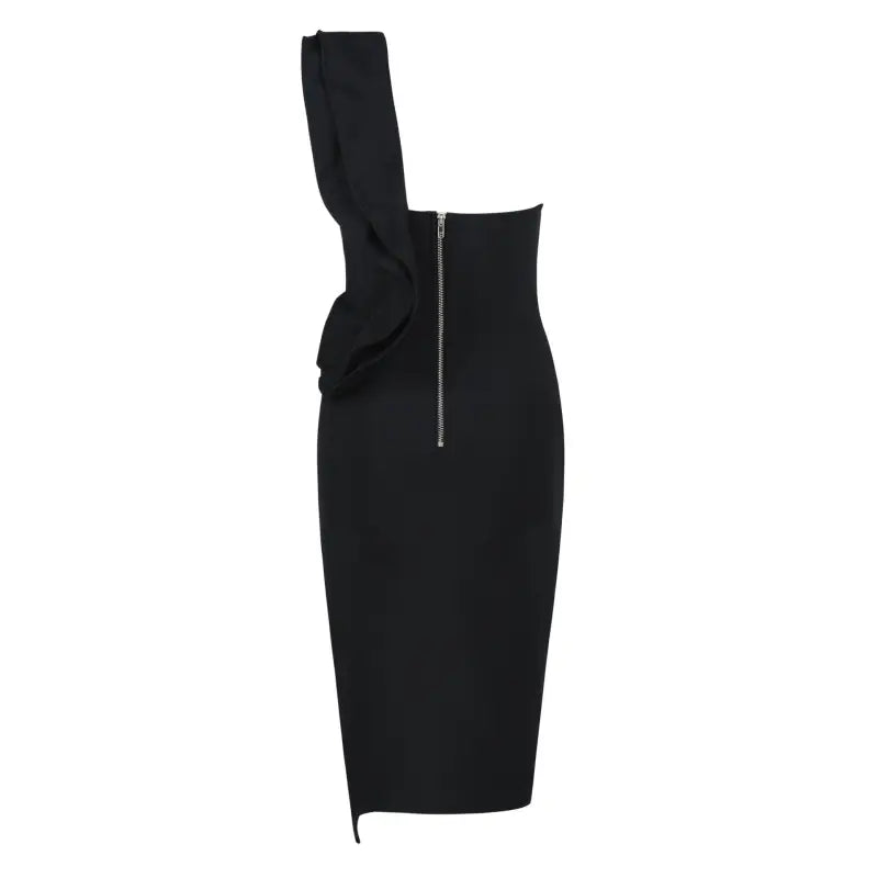 Elegant black oblique shoulder bandage dress with back zipper, perfect for formal occasions