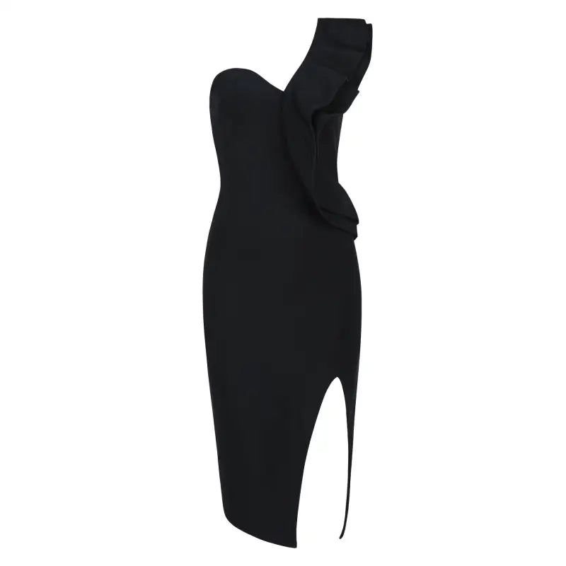 Black oblique shoulder bandage dress with ruffle and slit, elegant asymmetrical bodycon style