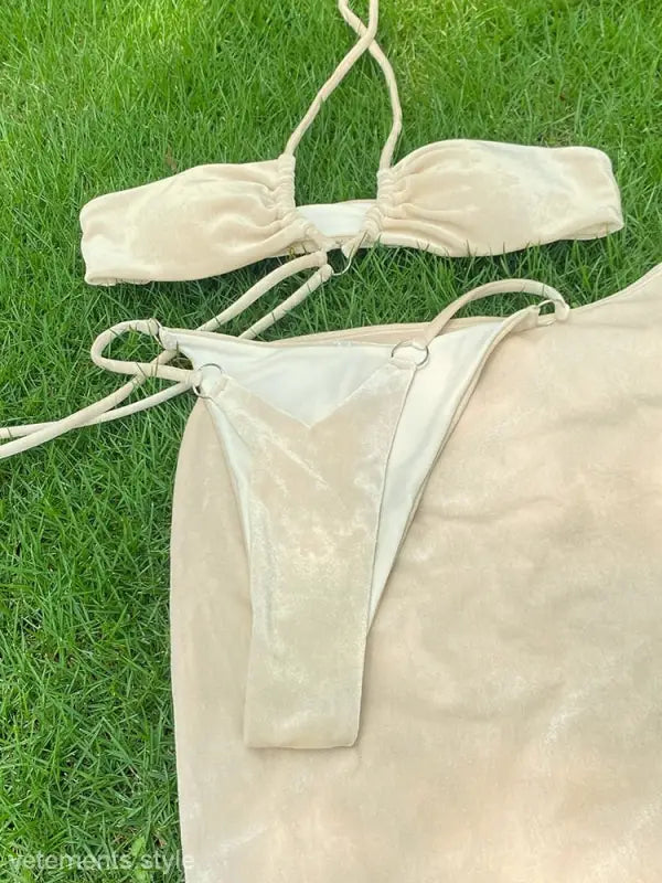 Beige Ocean Elegance Bikini set featuring wire-free design, perfect for stylish women