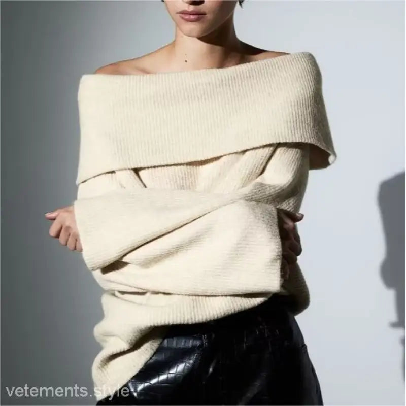 Off-the-shoulder cream sweater from Langry’s shoulder knitwear collection with free shipping