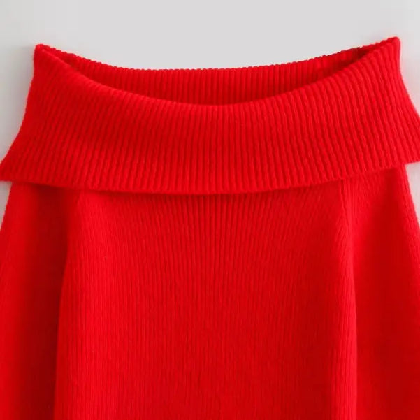 Red off-the-shoulder knitwear sweater with shoulder knitwear design, free shipping available