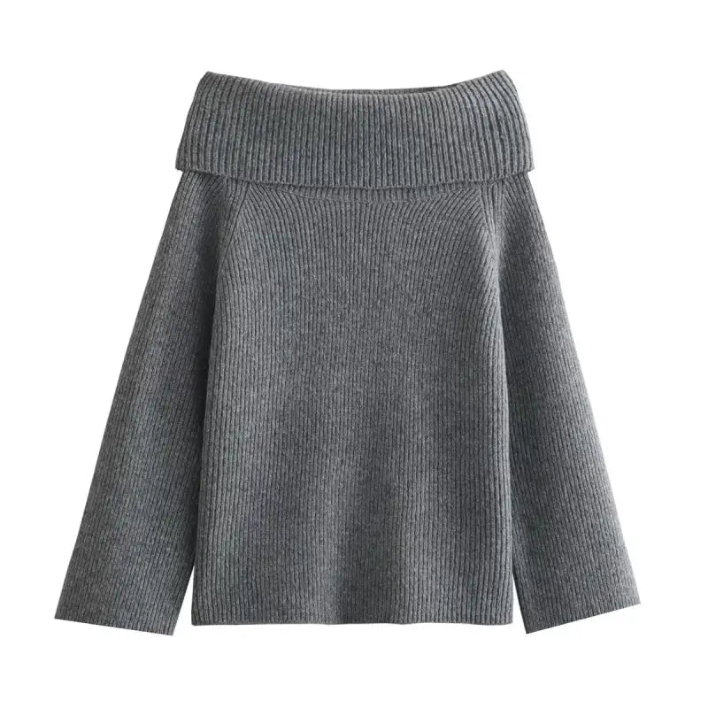 Gray off-the-shoulder knitwear sweater showcasing stylish shoulder knitwear with free shipping