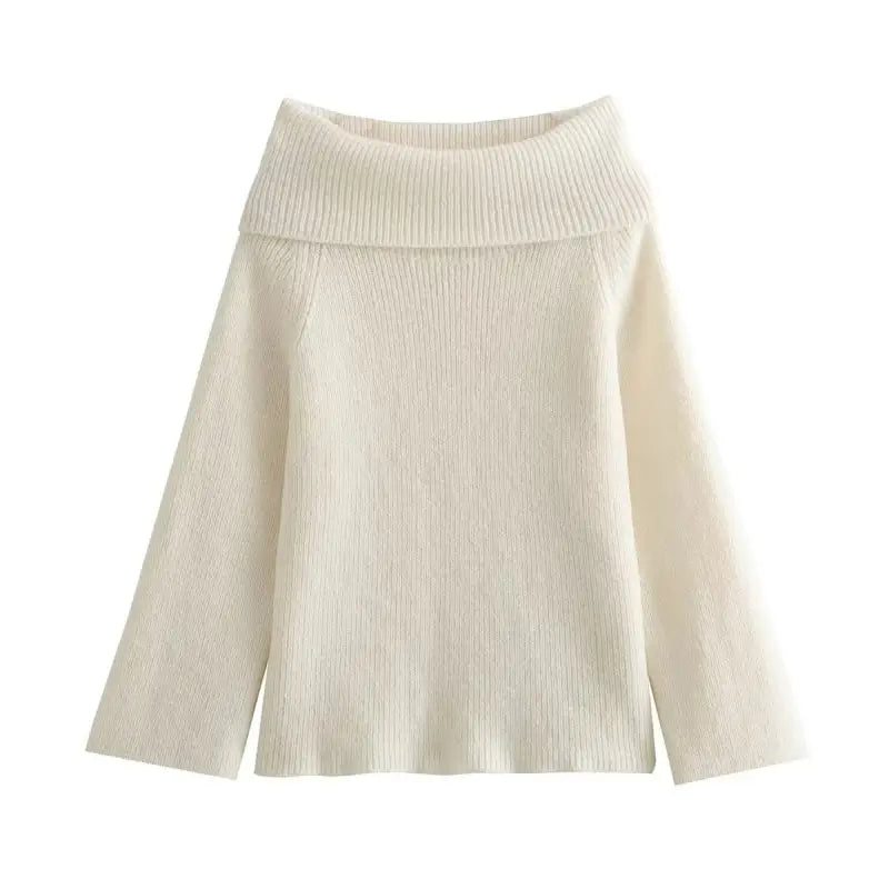 Off-the-shoulder ribbed cream-colored sweater from Langry’s shoulder knitwear collection with free shipping