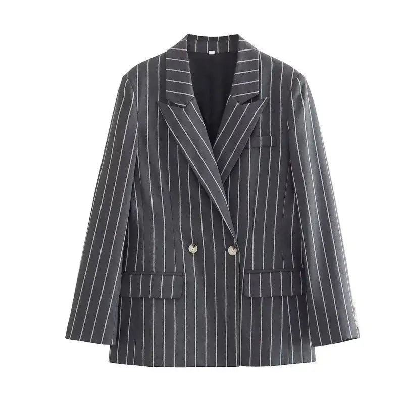 Gray pinstriped double-breasted blazer with notched lapels, part of Office Style Slim White Suit with Gray Trousers