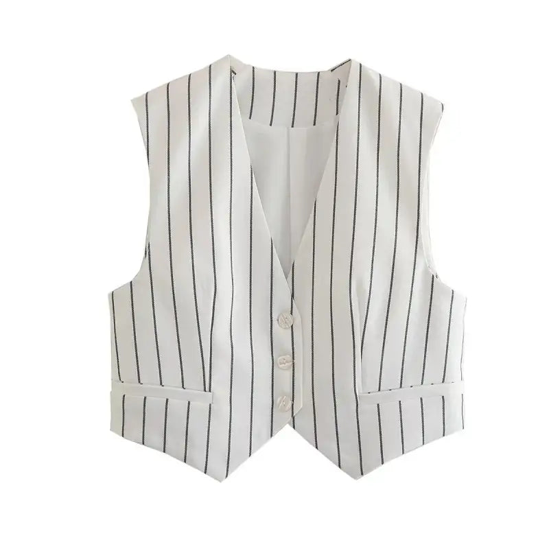 White pinstriped vest with buttons and pockets from Office Style Slim White Suit collection