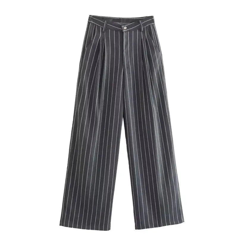 Wide-leg pinstriped dark gray trousers from Office Style Slim White Suit collection