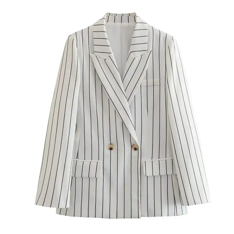 White pinstriped double-breasted blazer with lapels and pockets for Office Style Slim White Suit