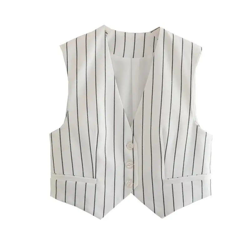 White pinstriped vest with buttons from Office Style Slim White Suit with Gray Trousers