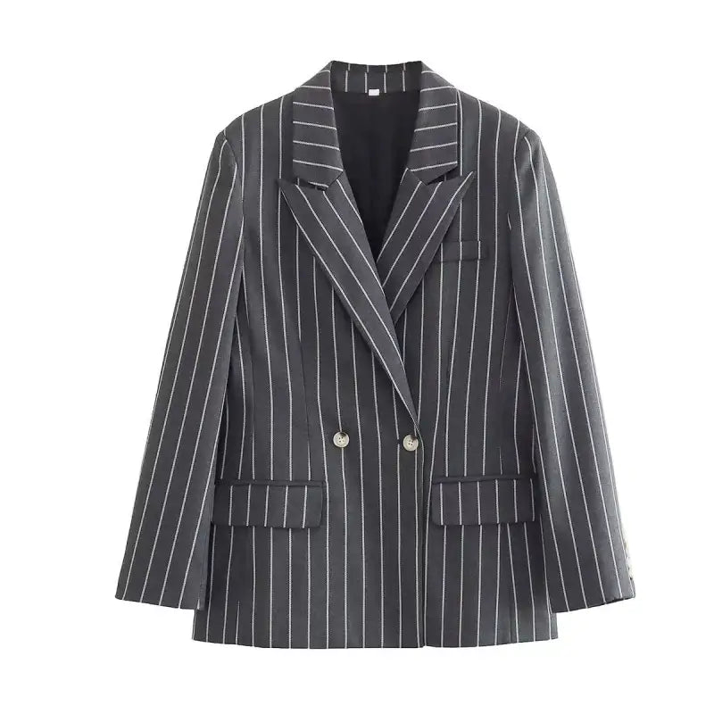 Gray pinstriped double-breasted blazer with notched lapels, complementing the office style slim white suit with gray trousers