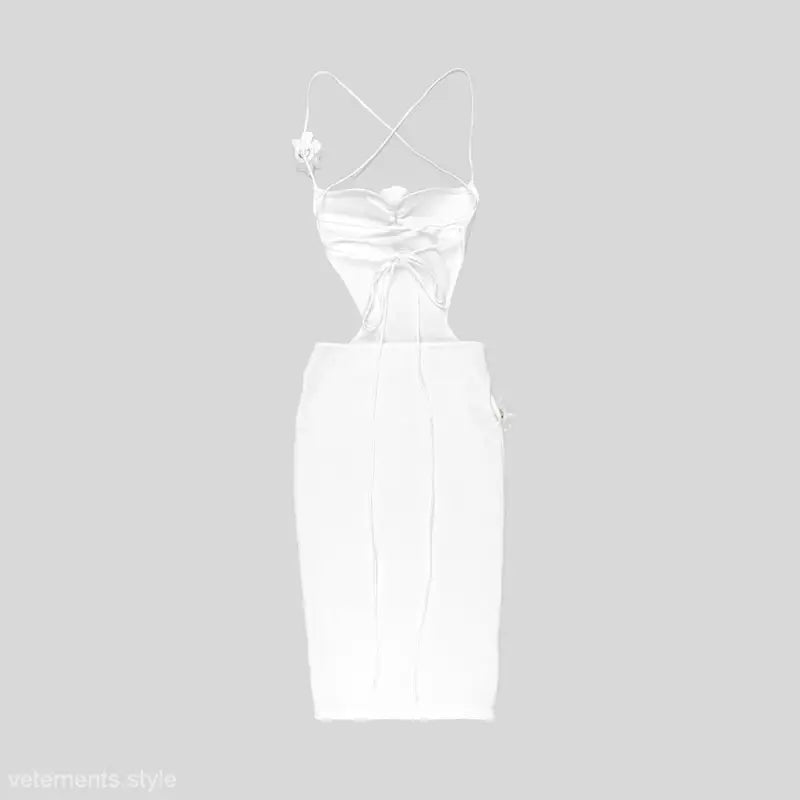 Pale yellow lace backless bodycon midi dress with criss-cross back straps for elegant style