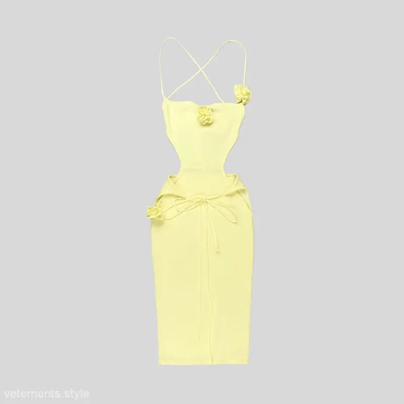 Pale yellow lace backless bodycon midi dress with cut-outs and floral appliqués