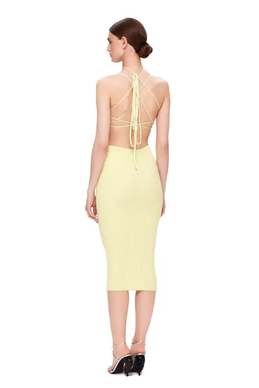 Pale yellow lace backless bodycon midi dress with halter-neck and open back for elegant occasions