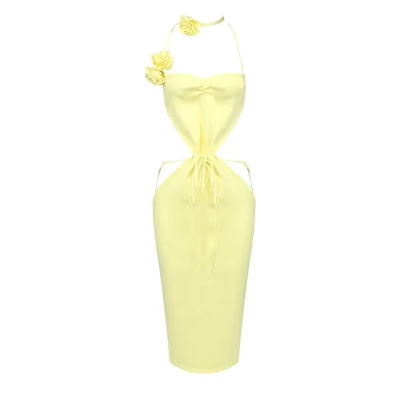 Pale yellow lace backless bodycon midi dress with floral embellishments and cut-outs