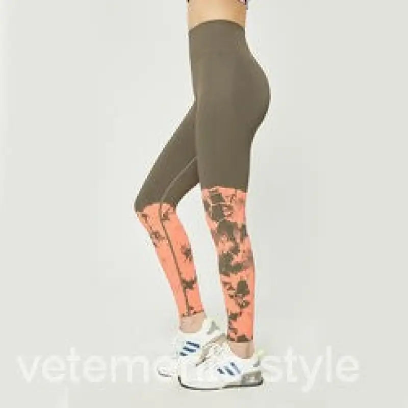 Olive green floral print Peachy Fit High Waist Stretch Leggings with white sneakers