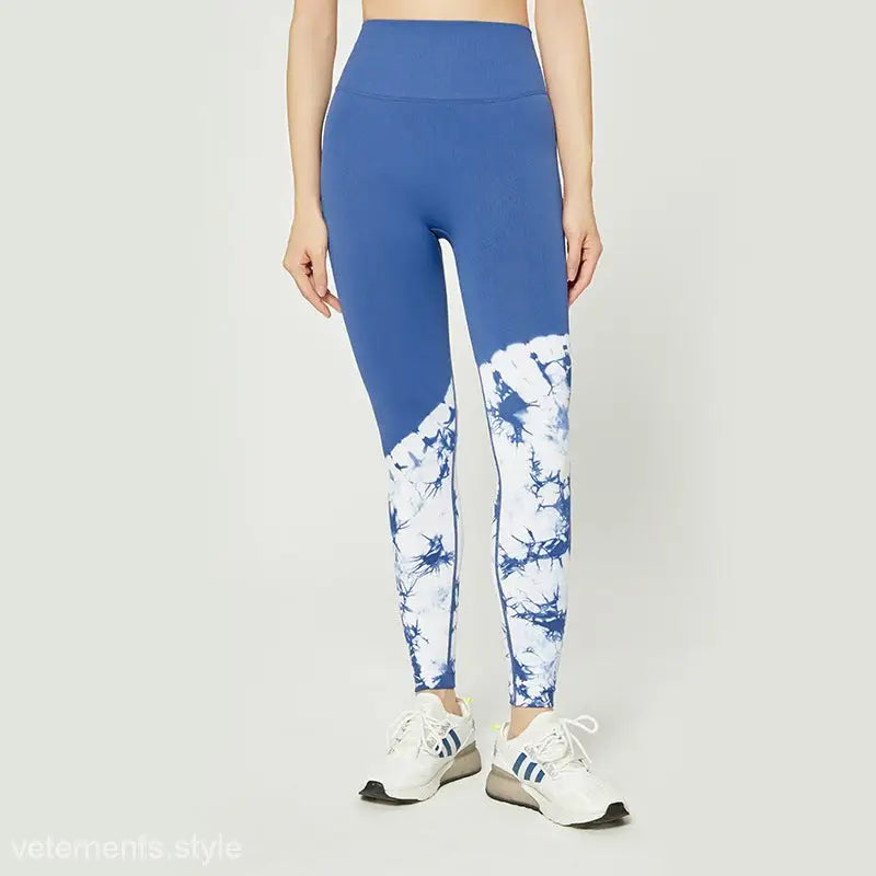 Blue and white tie-dye Peachy Fit Leggings with high waist stretch and white sneakers