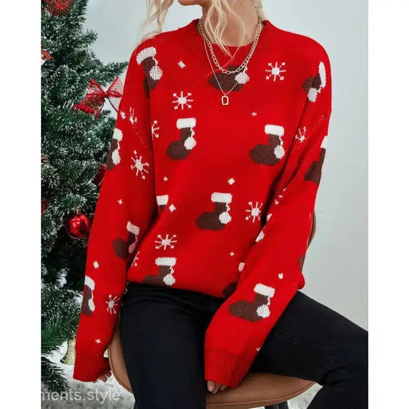 Red Christmas sweater featured in Peacock Green Casual Festival Pullover for Fall/Winter Events