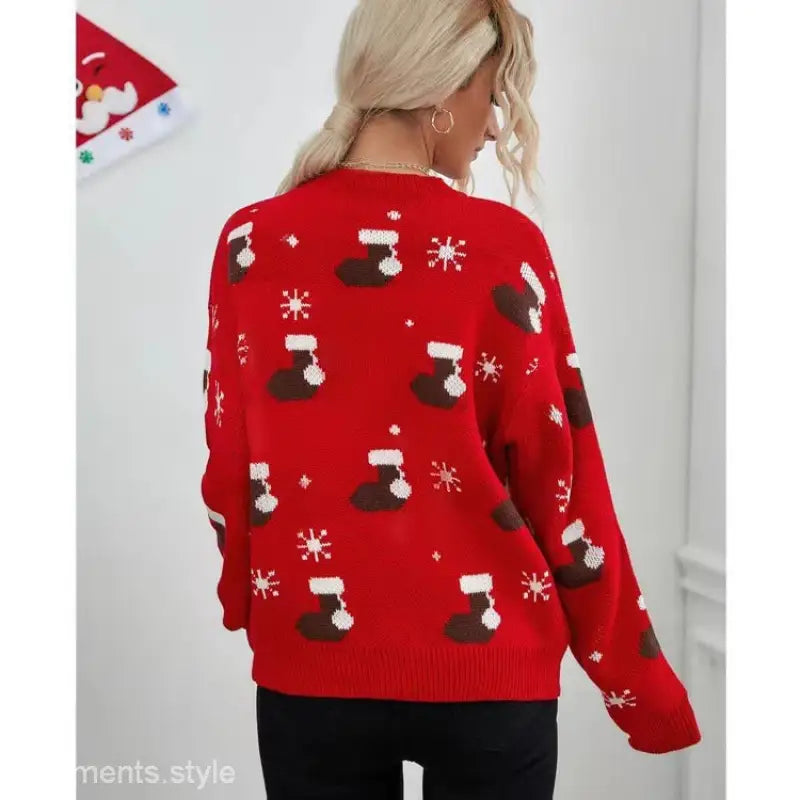 Peacock Green Christmas Festival Pullover featuring red stocking pattern for fall and winter events