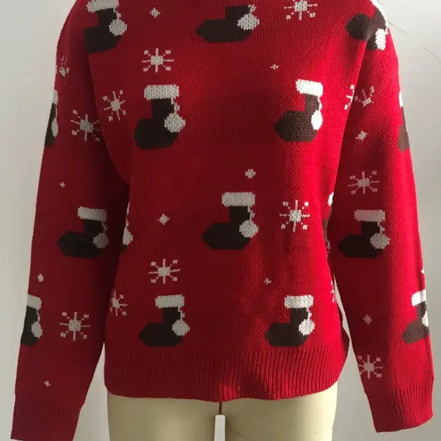 Red Christmas sweater with stocking and snowflake pattern, perfect festival pullover in peacock green
