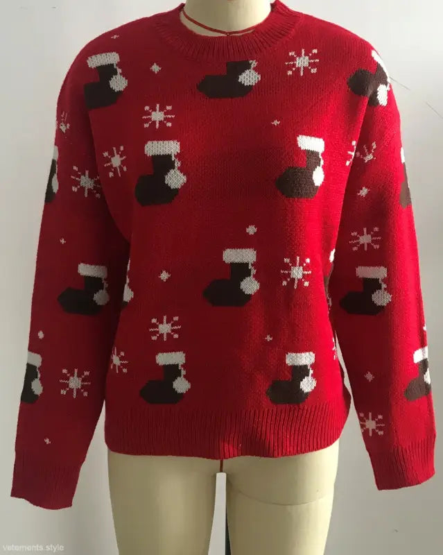 Red Christmas sweater with stocking and snowflake pattern, perfect festival pullover in peacock green