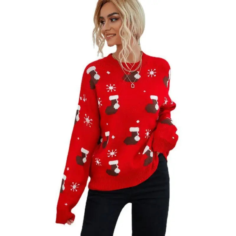 Peacock green Christmas festival pullover with red sweater and stockings for winter events